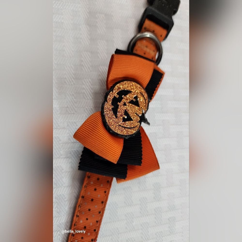 🏖 Dog Collar Spooky Halloween Orange Black Jack O'lantern Bow Dog Collar